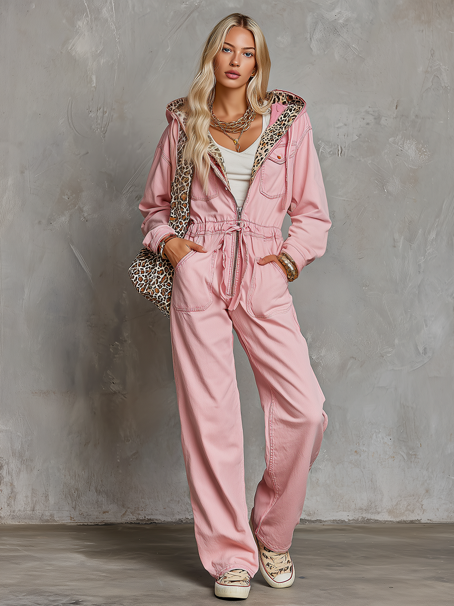 Women’s Pink Hooded Denim Jumpsuit With Leopard Lining