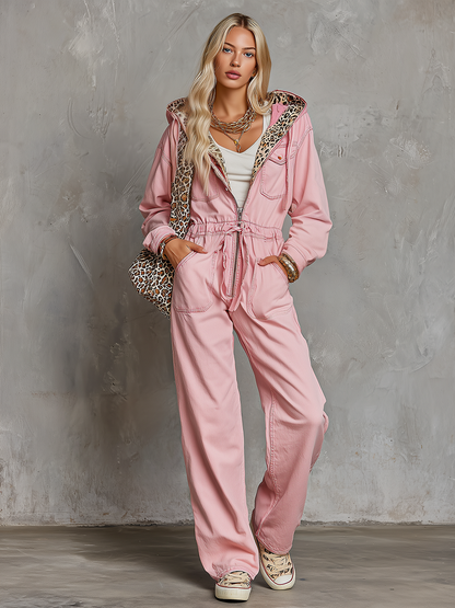 Women’s Pink Hooded Denim Jumpsuit With Leopard Lining