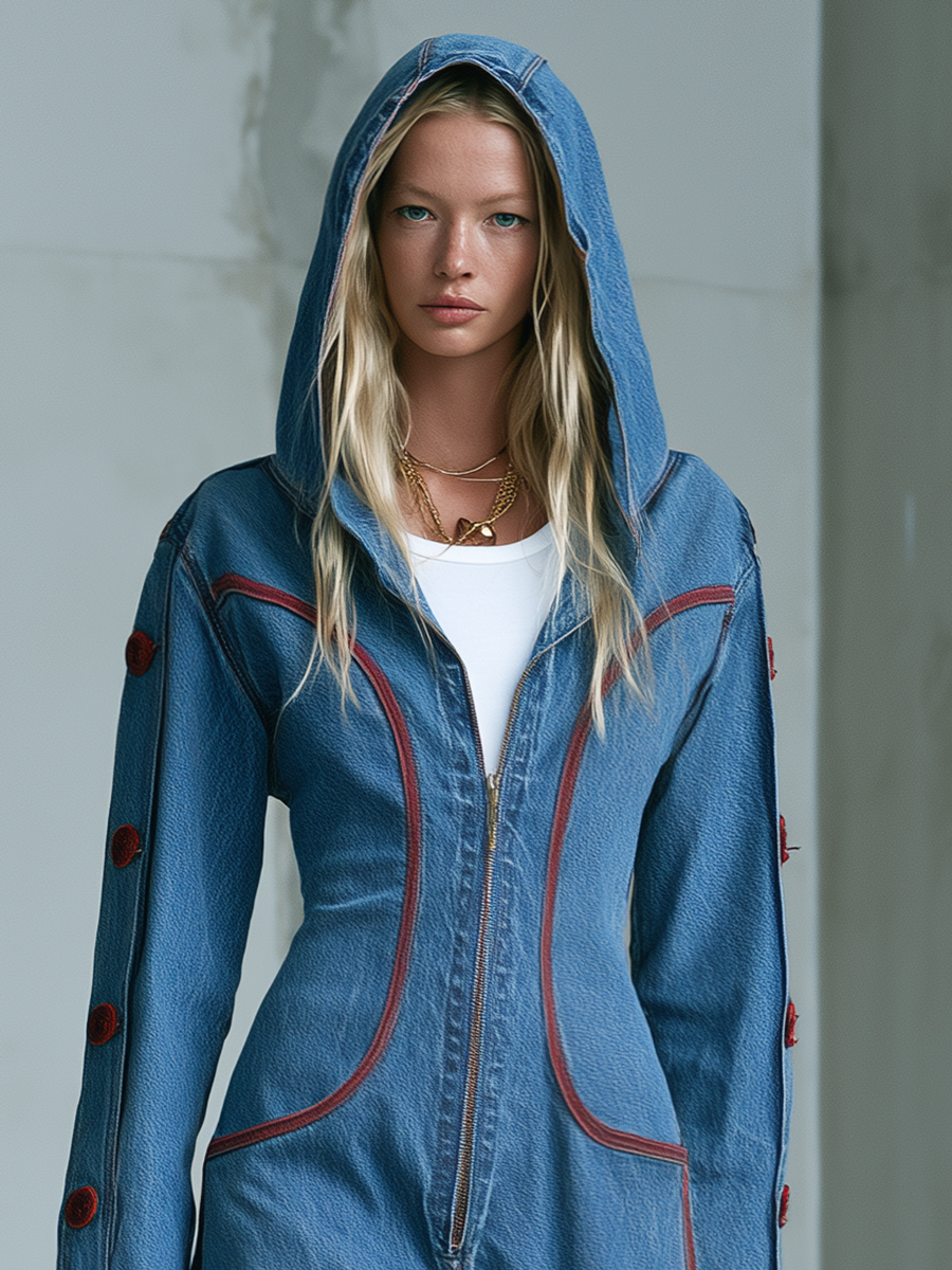 Women’s Hooded Wide Leg Denim Jumpsuit With Red Stitching