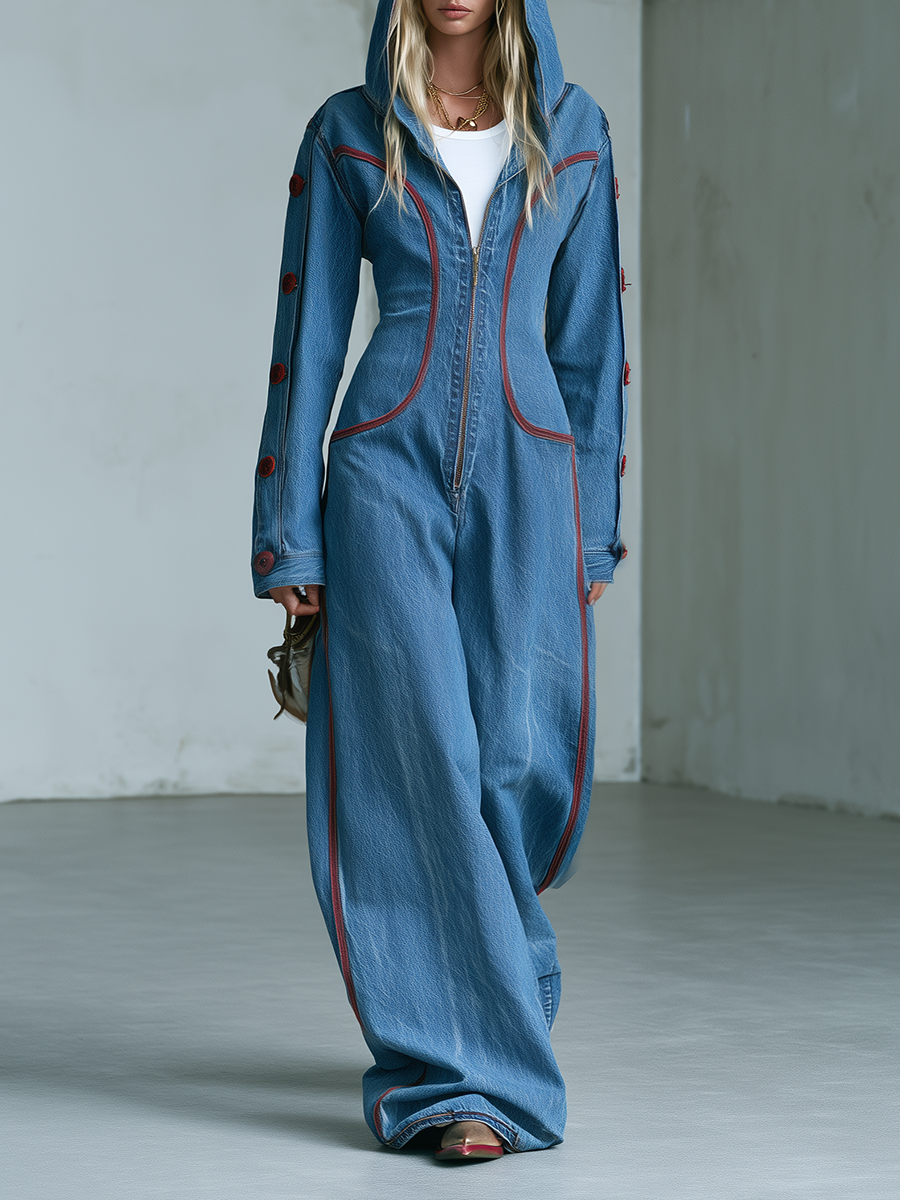 Women’s Hooded Wide Leg Denim Jumpsuit With Red Stitching