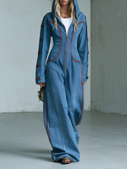 Women’s Hooded Wide Leg Denim Jumpsuit With Red Stitching