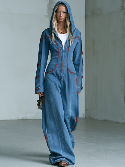 Women’s Hooded Wide Leg Denim Jumpsuit With Red Stitching