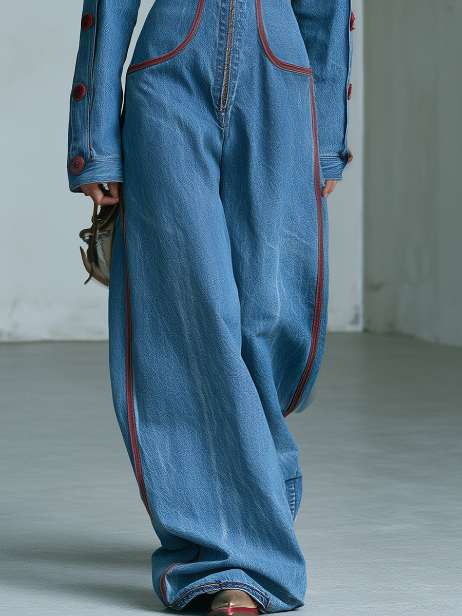 Women’s Hooded Wide Leg Denim Jumpsuit With Red Stitching