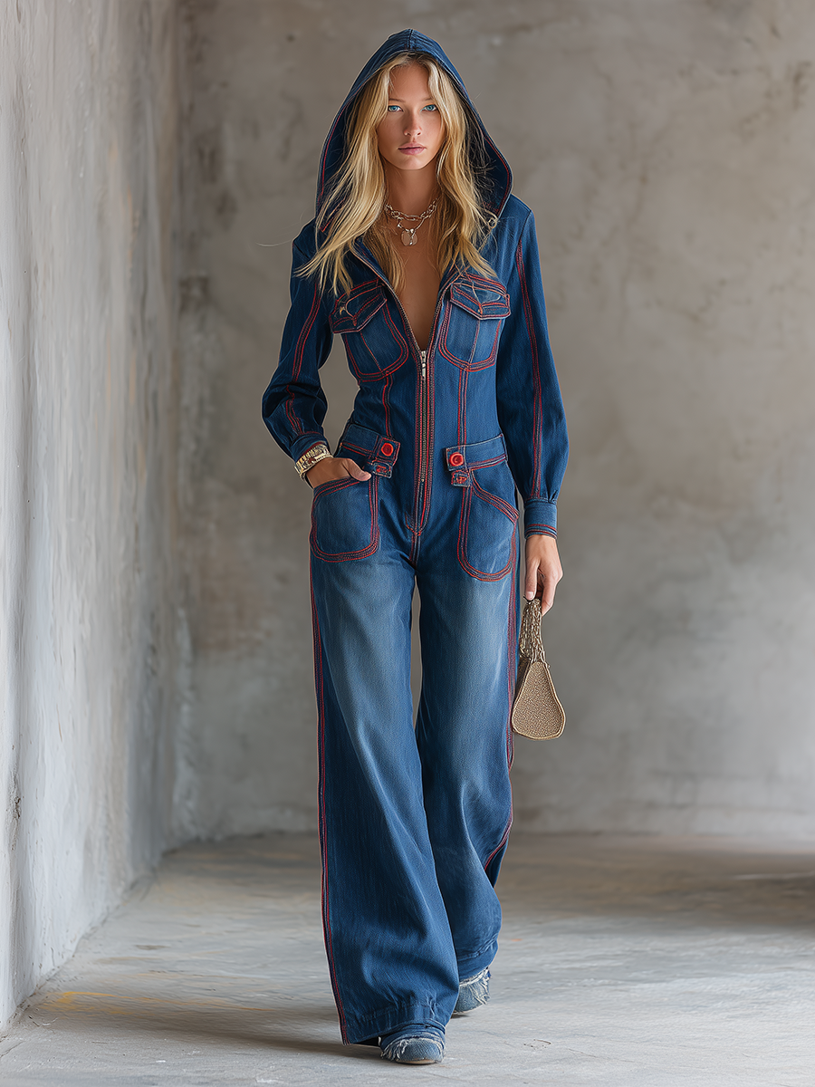 Women’s Hooded Denim Jumpsuit With Red Contrast Stitching