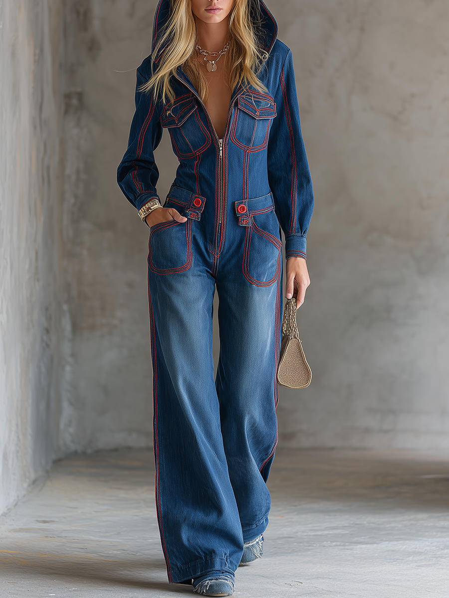 Women’s Hooded Denim Jumpsuit With Red Contrast Stitching