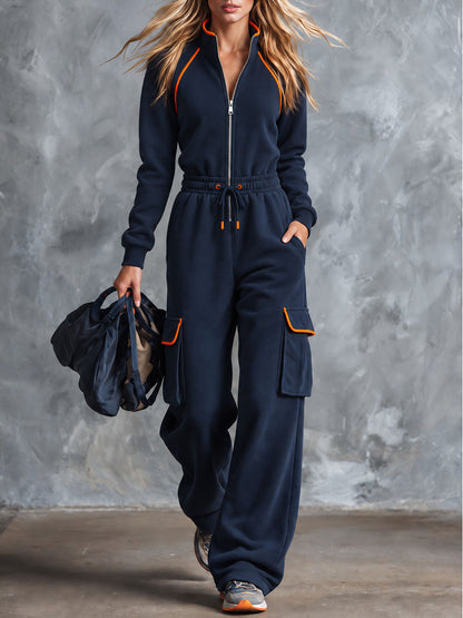 Retro Sporty Color-blocked Blue Cotton Jumpsuit
