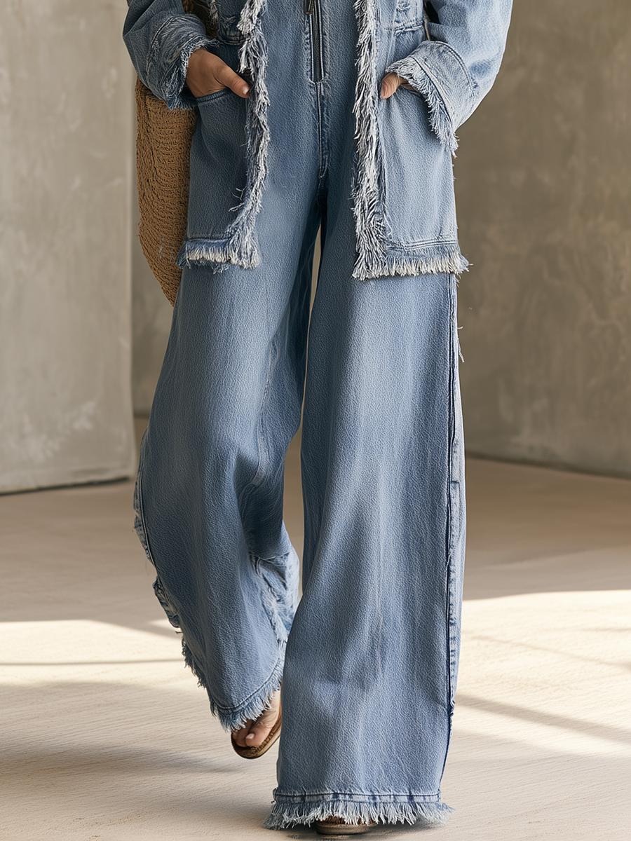Women’s Frayed Denim Jumpsuit With Wide Legs