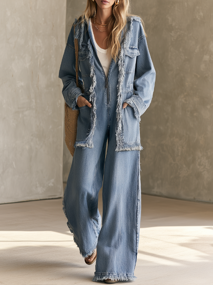 Women’s Frayed Denim Jumpsuit With Wide Legs