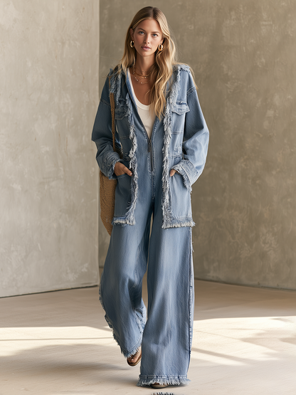 Women’s Frayed Denim Jumpsuit With Wide Legs