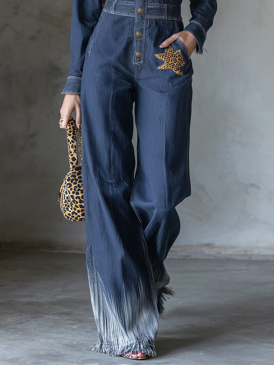 Women’s Navy Denim Jumpsuit With Leopard Star Patches