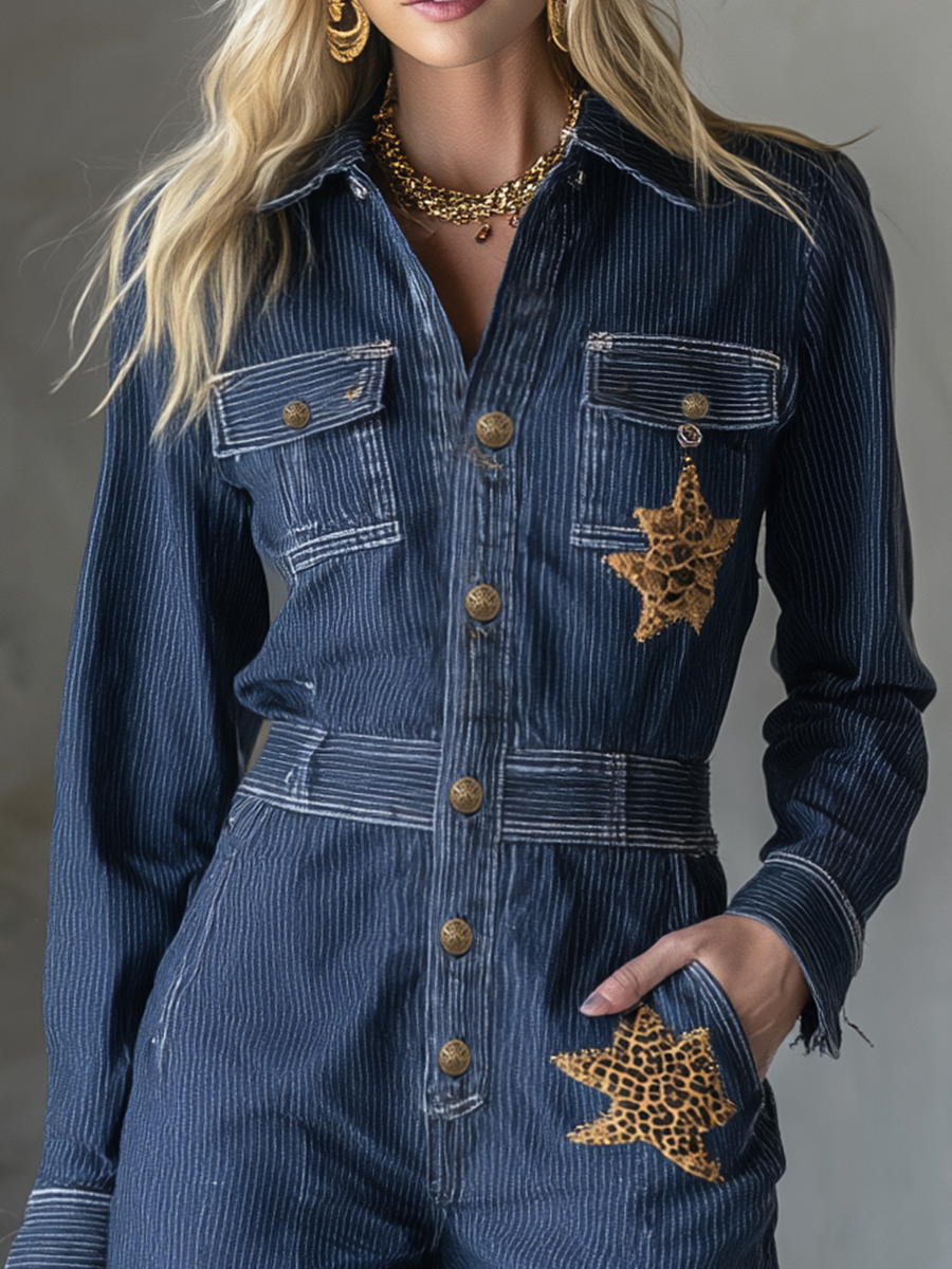 Women’s Navy Denim Jumpsuit With Leopard Star Patches