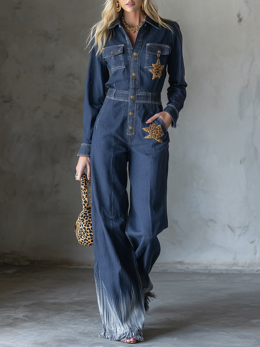 Women’s Navy Denim Jumpsuit With Leopard Star Patches