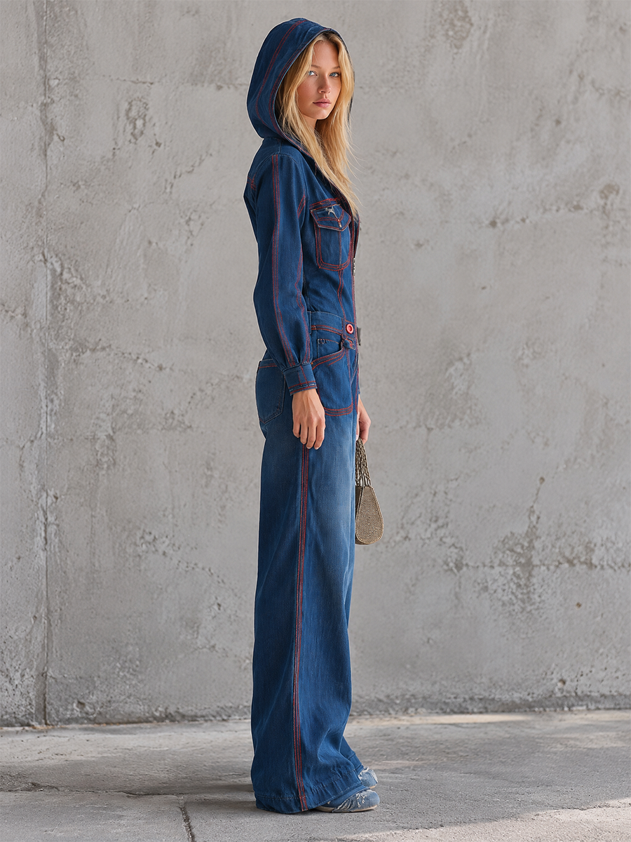 Women’s Hooded Denim Jumpsuit With Red Contrast Stitching