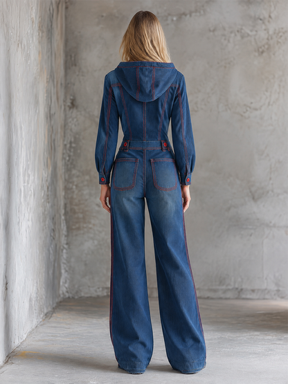 Women’s Hooded Denim Jumpsuit With Red Contrast Stitching