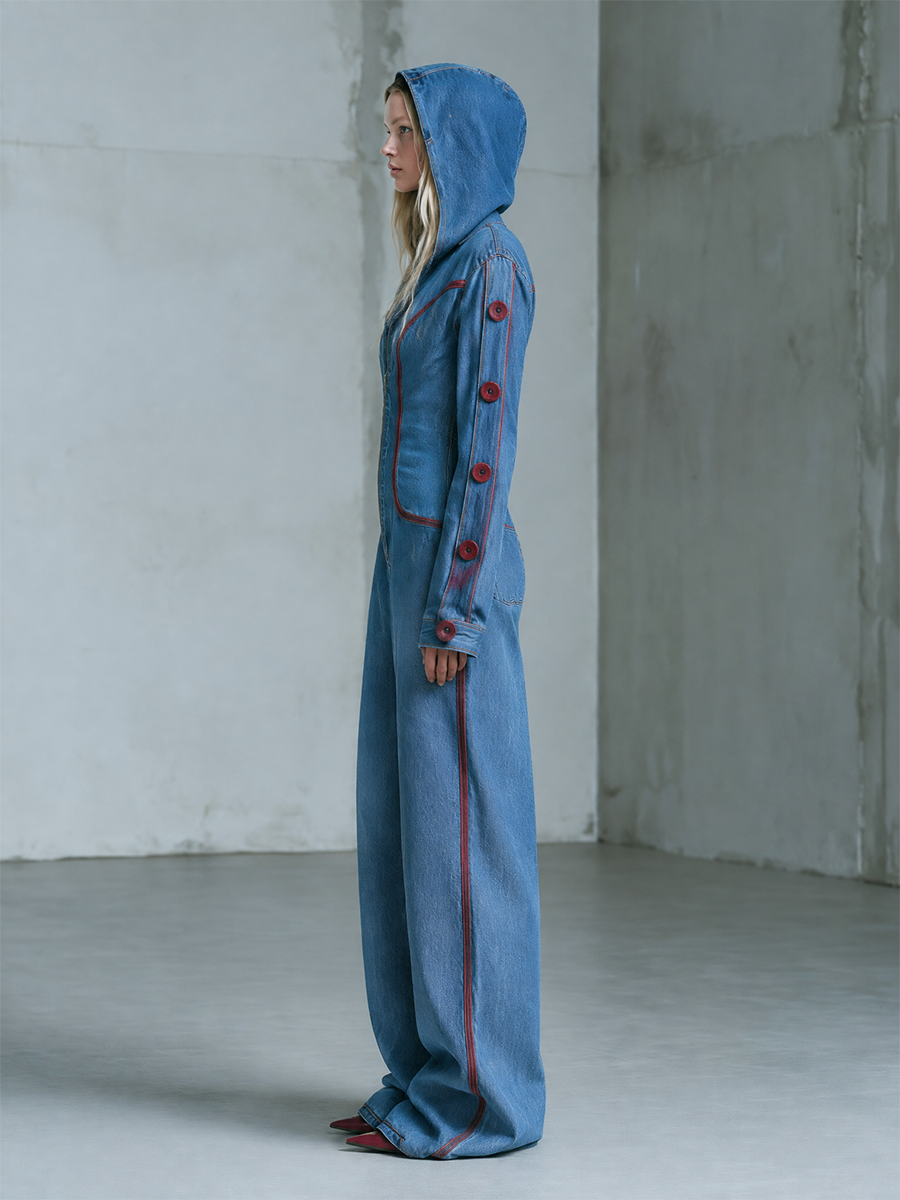 Women’s Hooded Wide Leg Denim Jumpsuit With Red Stitching