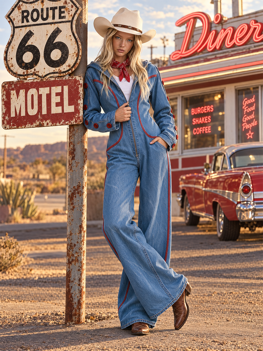 Women’s Hooded Wide Leg Denim Jumpsuit With Red Stitching