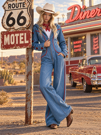 Women’s Hooded Wide Leg Denim Jumpsuit With Red Stitching