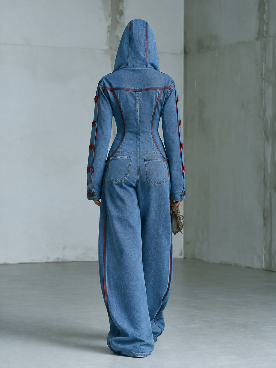 Women’s Hooded Wide Leg Denim Jumpsuit With Red Stitching