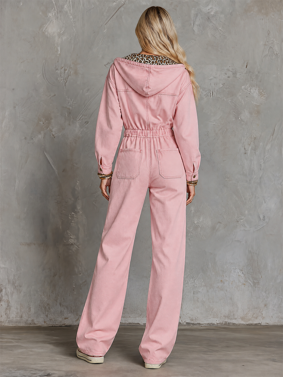 Women’s Pink Hooded Denim Jumpsuit With Leopard Lining