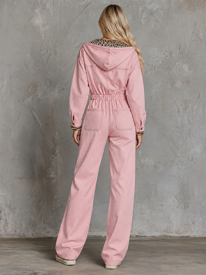 Women’s Pink Hooded Denim Jumpsuit With Leopard Lining