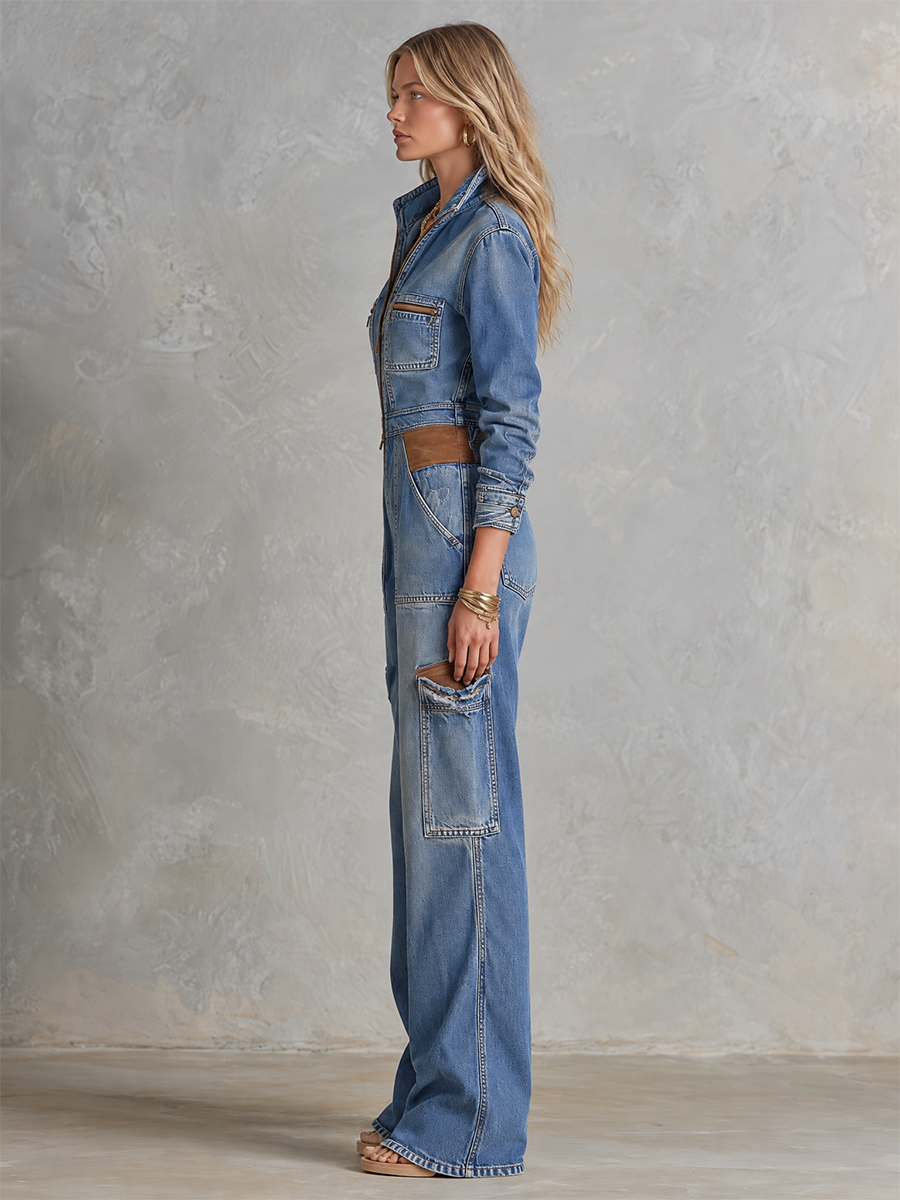 Women’s Patchwork Cargo Denim Jumpsuit With Wide Legs