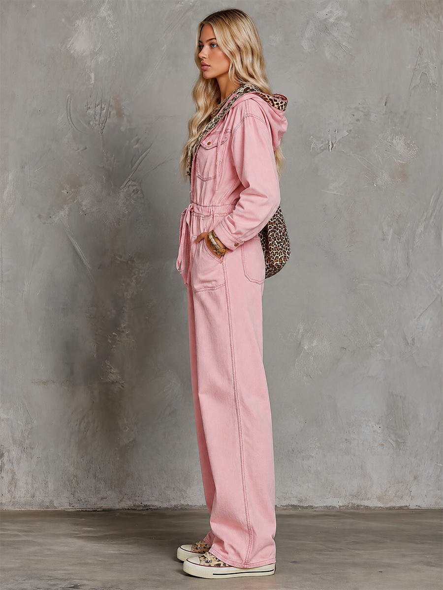 Women’s Pink Hooded Denim Jumpsuit With Leopard Lining