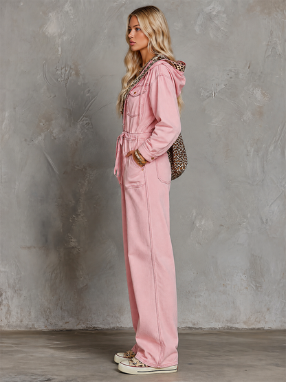 Women’s Pink Hooded Denim Jumpsuit With Leopard Lining