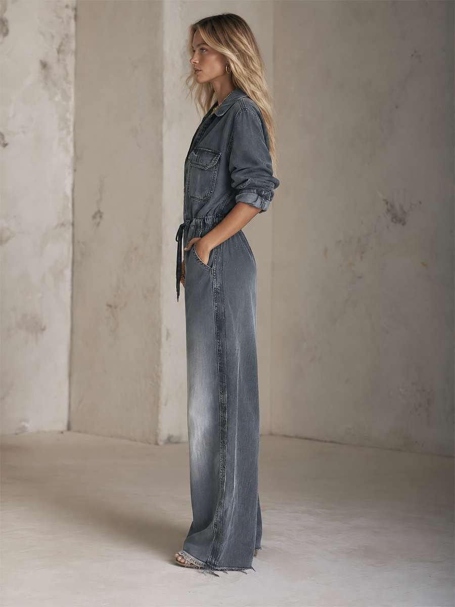 Women’s Grey Denim Jumpsuit With Drawstring Waist