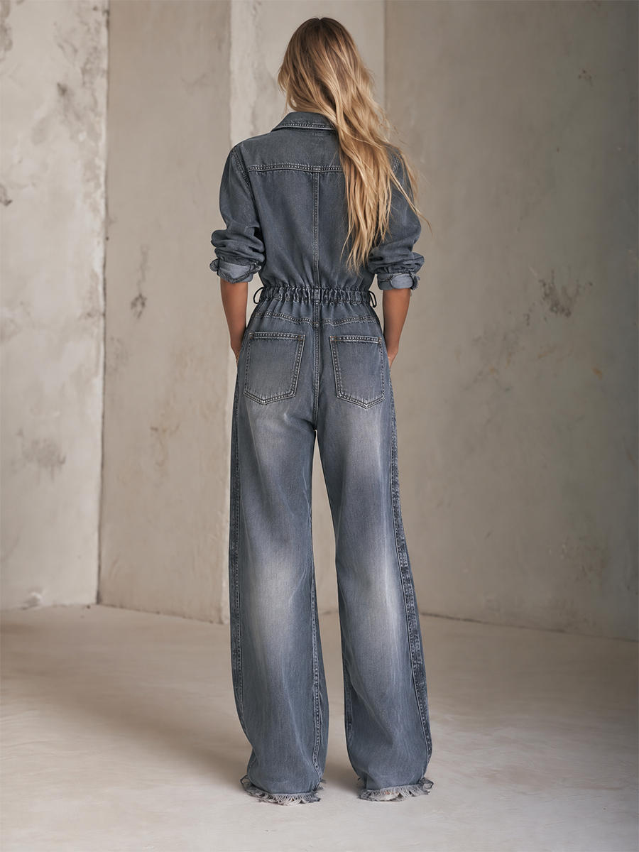 Women’s Grey Denim Jumpsuit With Drawstring Waist