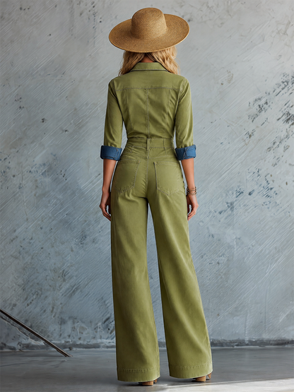 Women’s Olive Utility Denim Jumpsuit With Wide Legs