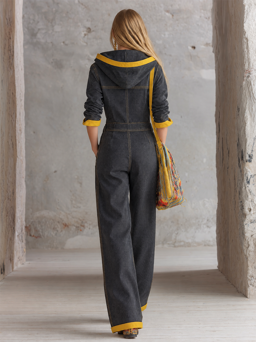 Women’s Black Hooded Utility Jumpsuit With Yellow Trim