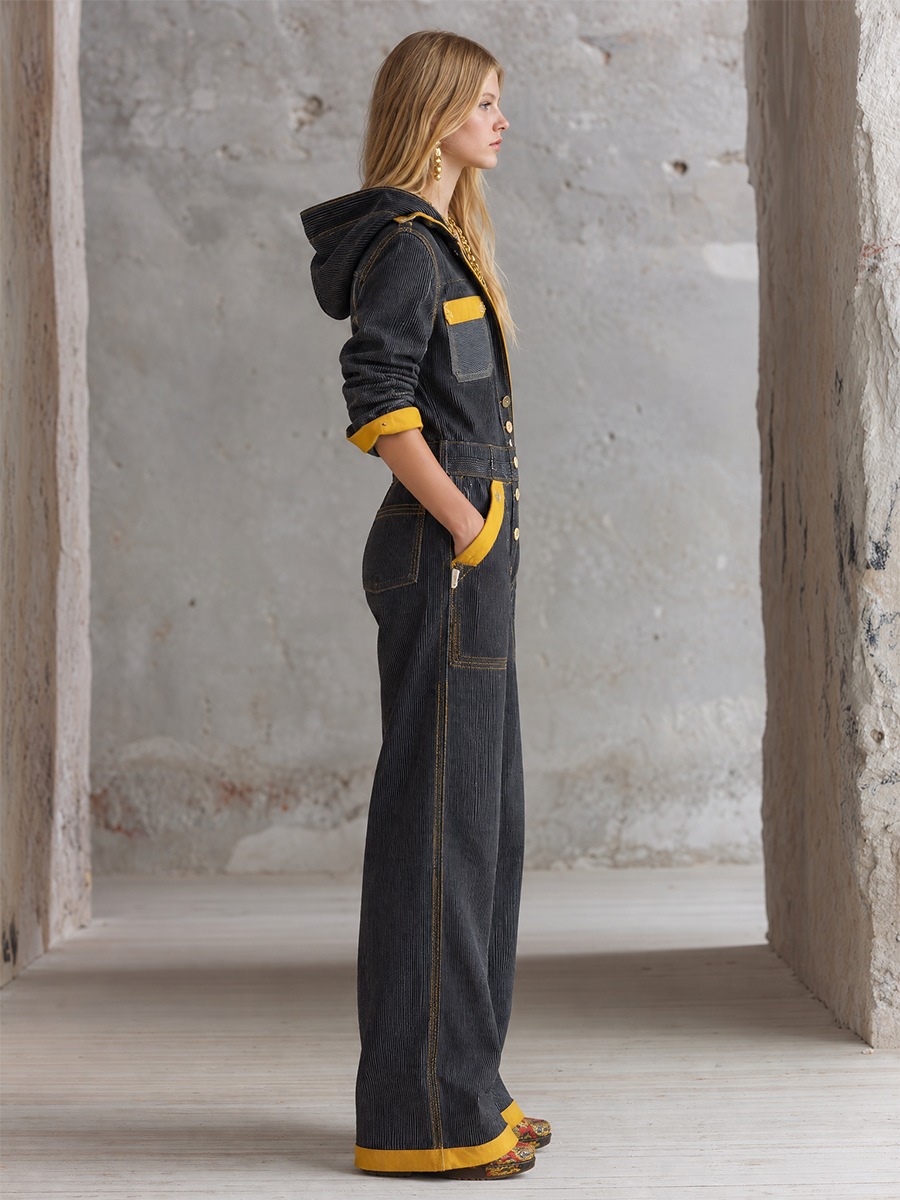 Women’s Black Hooded Utility Jumpsuit With Yellow Trim