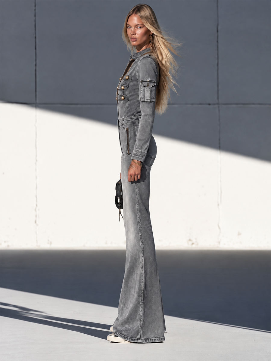 Women’s Grey Military Denim Jumpsuit With Wide Legs