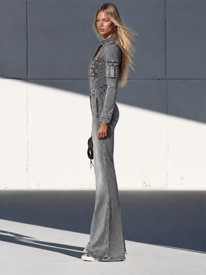 Women’s Grey Military Denim Jumpsuit With Wide Legs