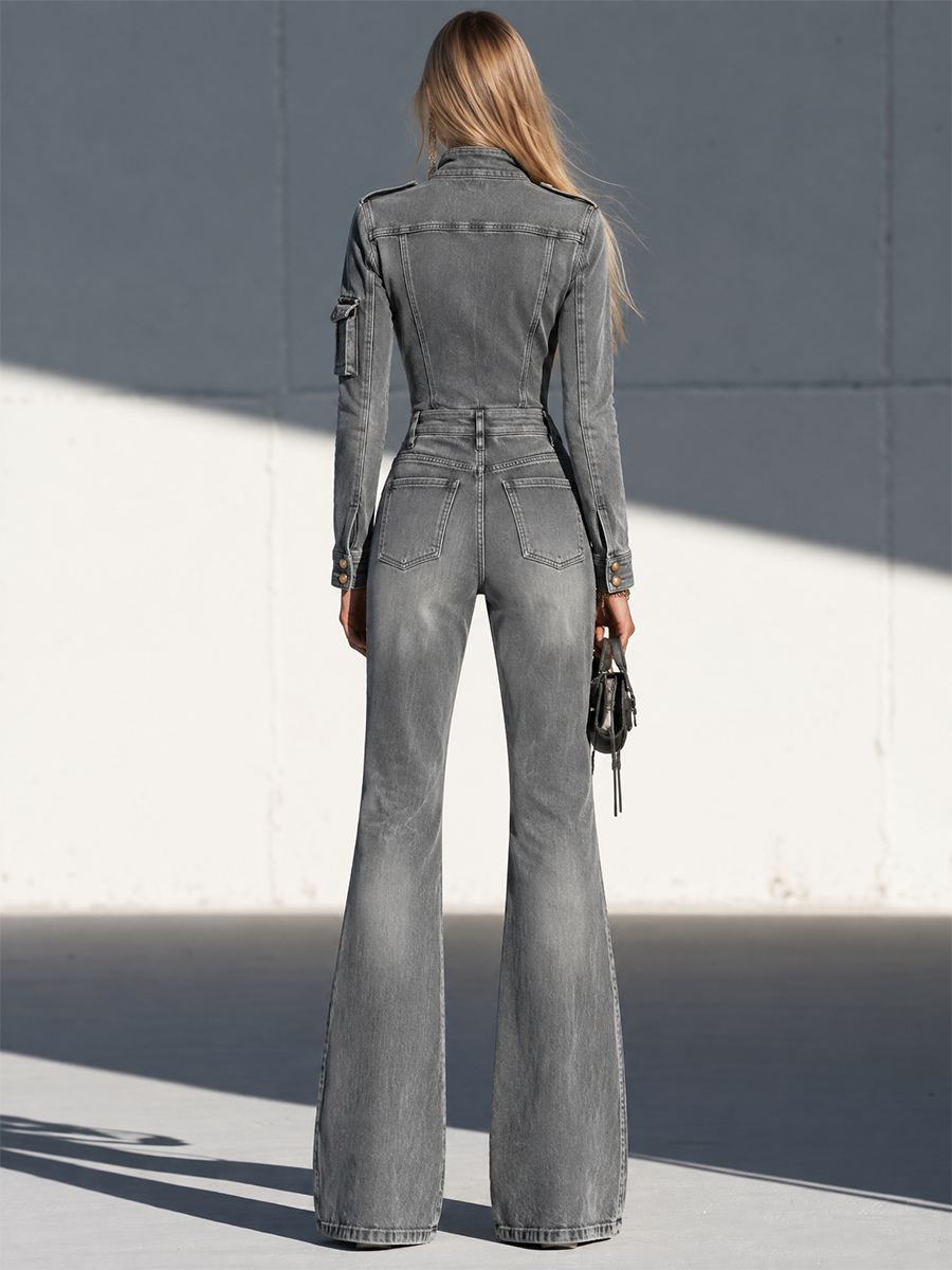 Women’s Grey Military Denim Jumpsuit With Wide Legs