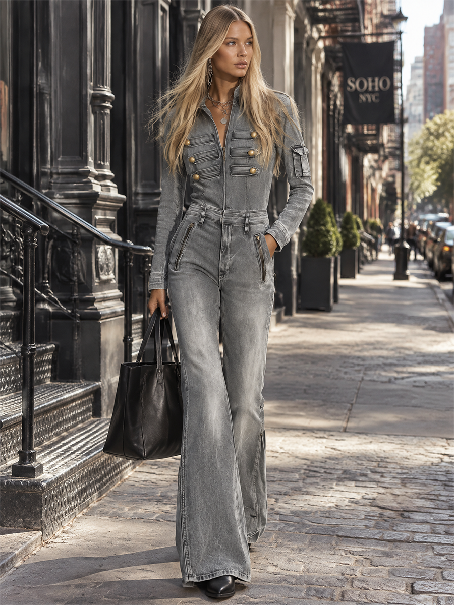 Women’s Grey Military Denim Jumpsuit With Wide Legs