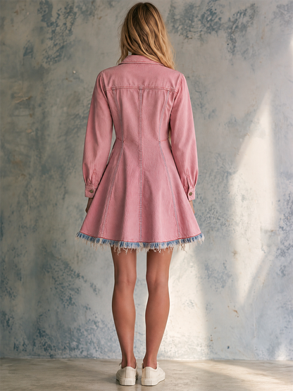 Women’s Pink Denim Mini Dress With Gingham Trim
