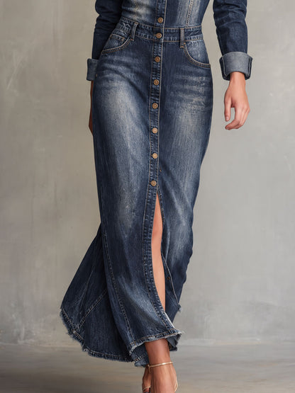 Vintage Washed Blue Collared Button Denim Maxi Dress