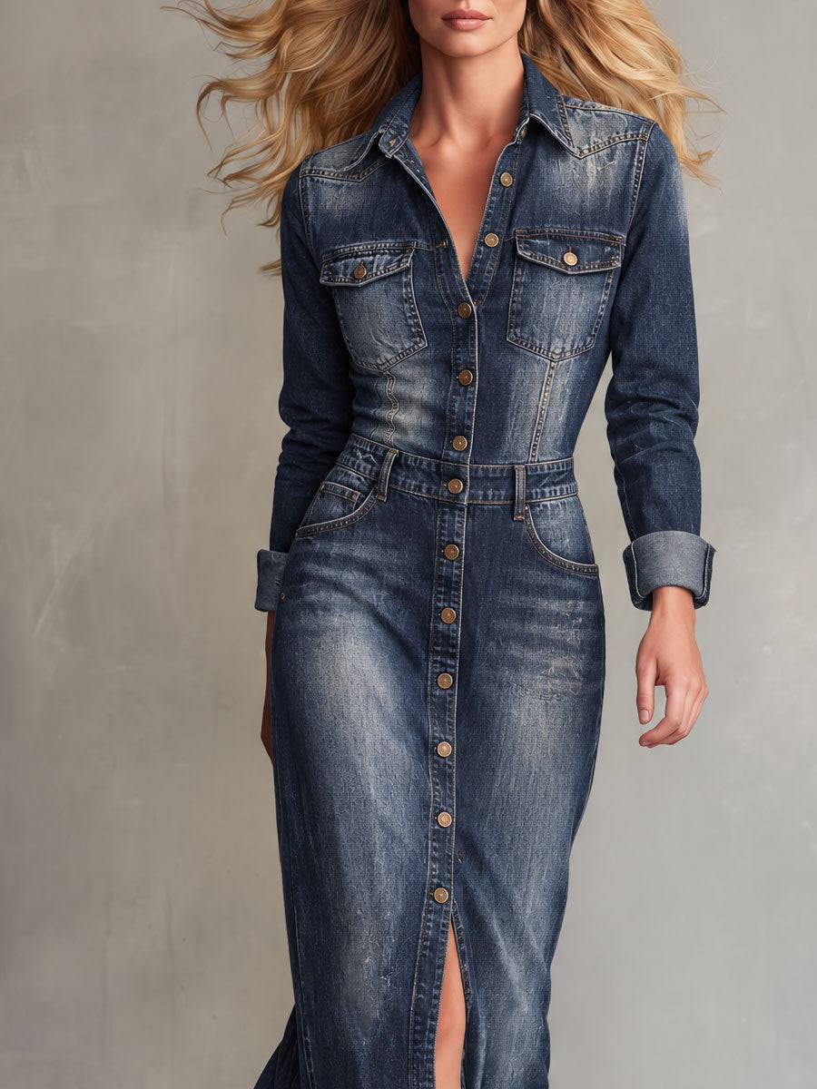 Vintage Washed Blue Collared Button Denim Maxi Dress
