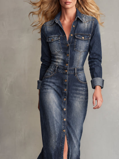 Vintage Washed Blue Collared Button Denim Maxi Dress