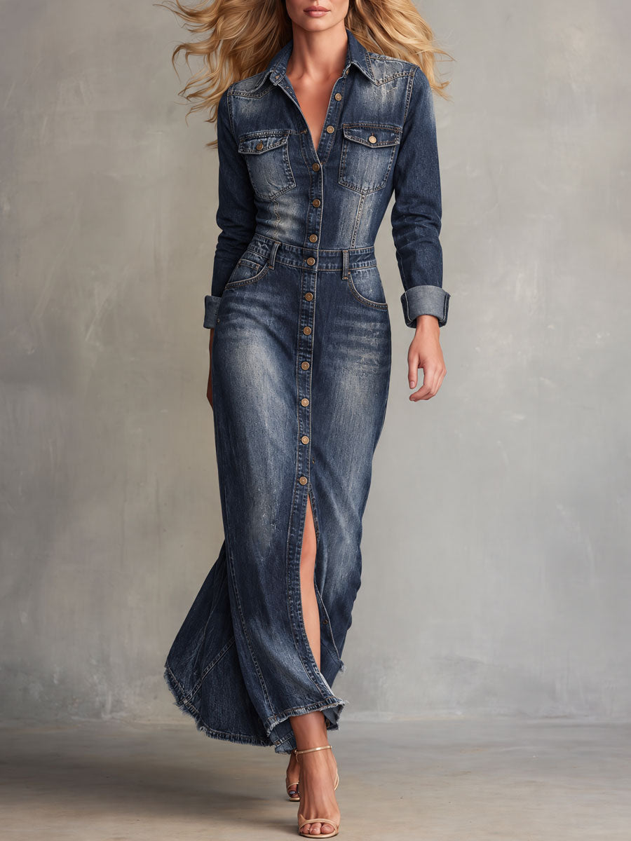 Vintage Washed Blue Collared Button Denim Maxi Dress