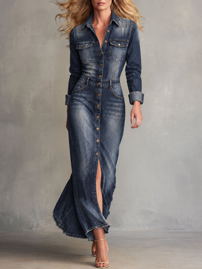 Vintage Washed Blue Collared Button Denim Maxi Dress