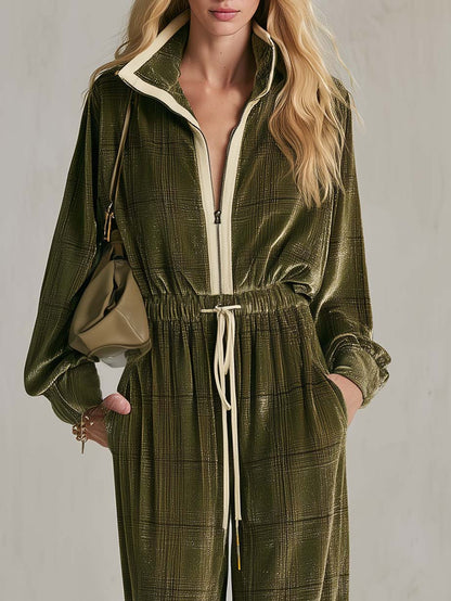 Retro-Casual Olive Green Plaid Velour Wide-Leg Jumpsuit