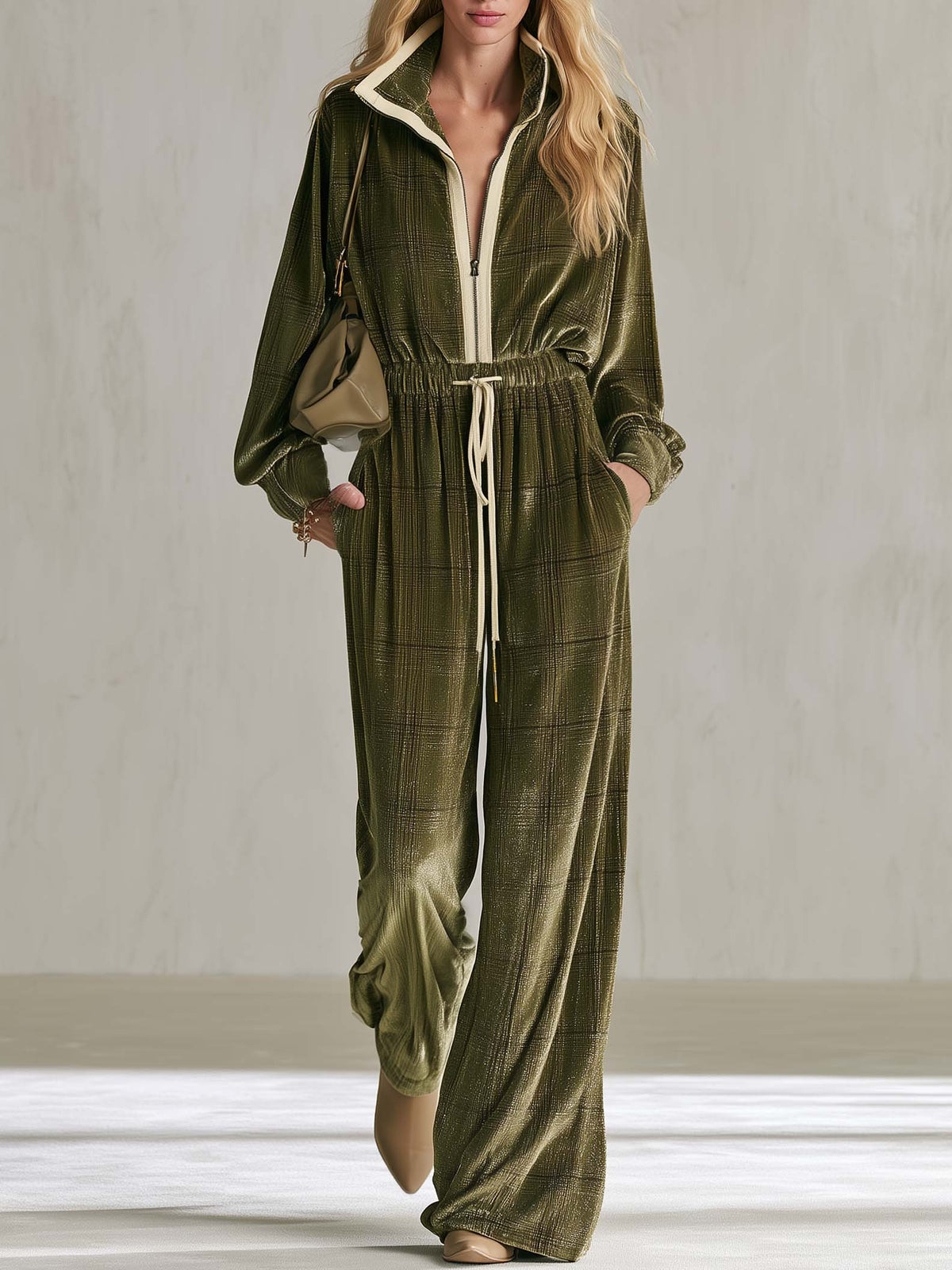Retro-Casual Olive Green Plaid Velour Wide-Leg Jumpsuit