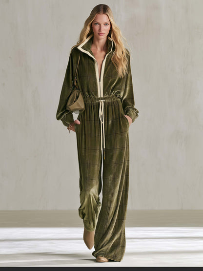 Retro-Casual Olive Green Plaid Velour Wide-Leg Jumpsuit