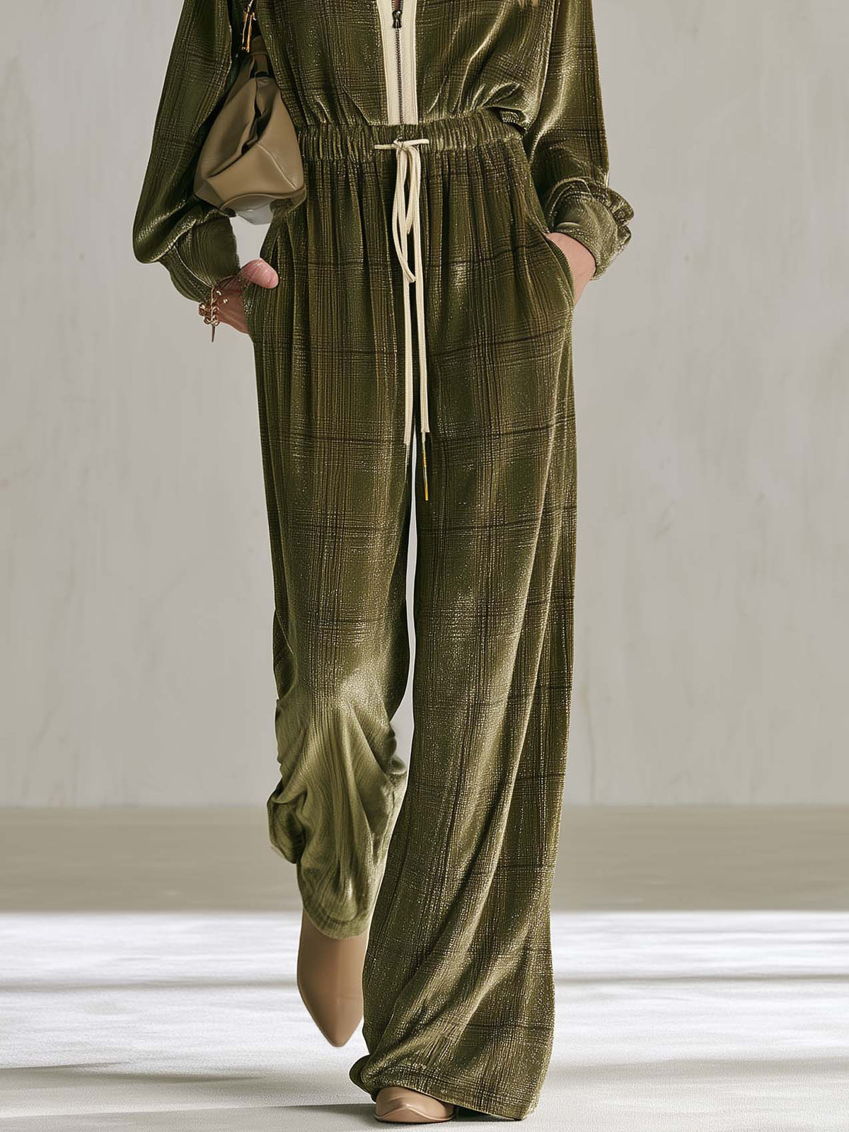 Retro-Casual Olive Green Plaid Velour Wide-Leg Jumpsuit
