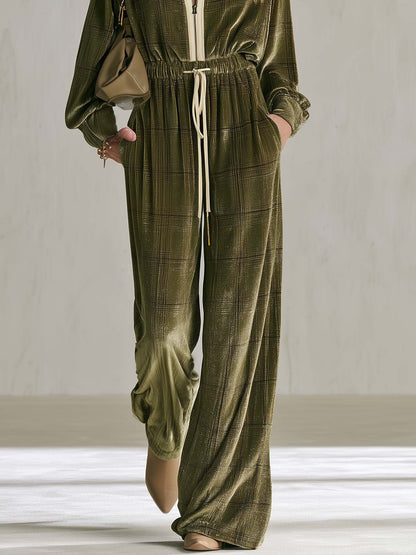 Retro-Casual Olive Green Plaid Velour Wide-Leg Jumpsuit
