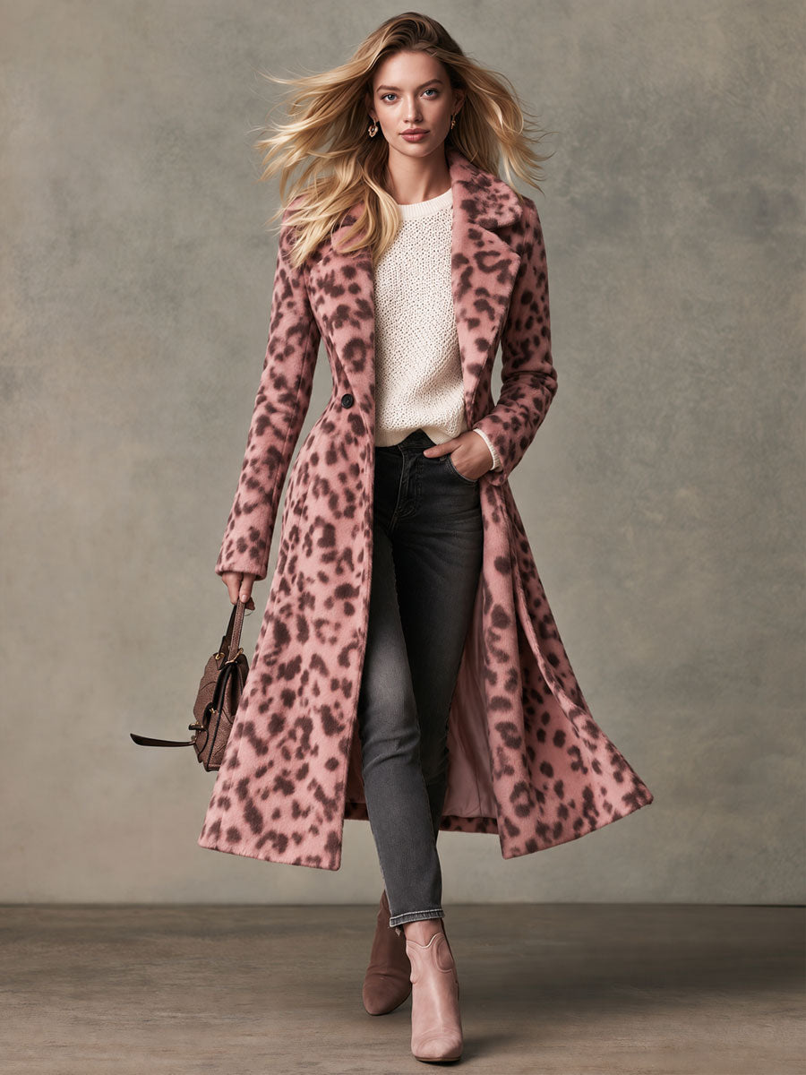 Retro-elegant Pink Leopard Print Lapel Single-button Faux Short Fleece Long Coat