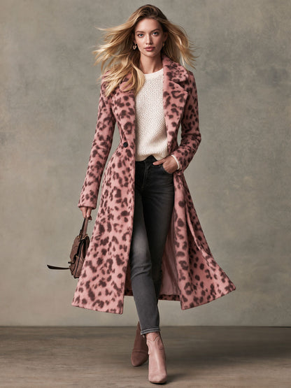 Retro-elegant Pink Leopard Print Lapel Single-button Faux Short Fleece Long Coat