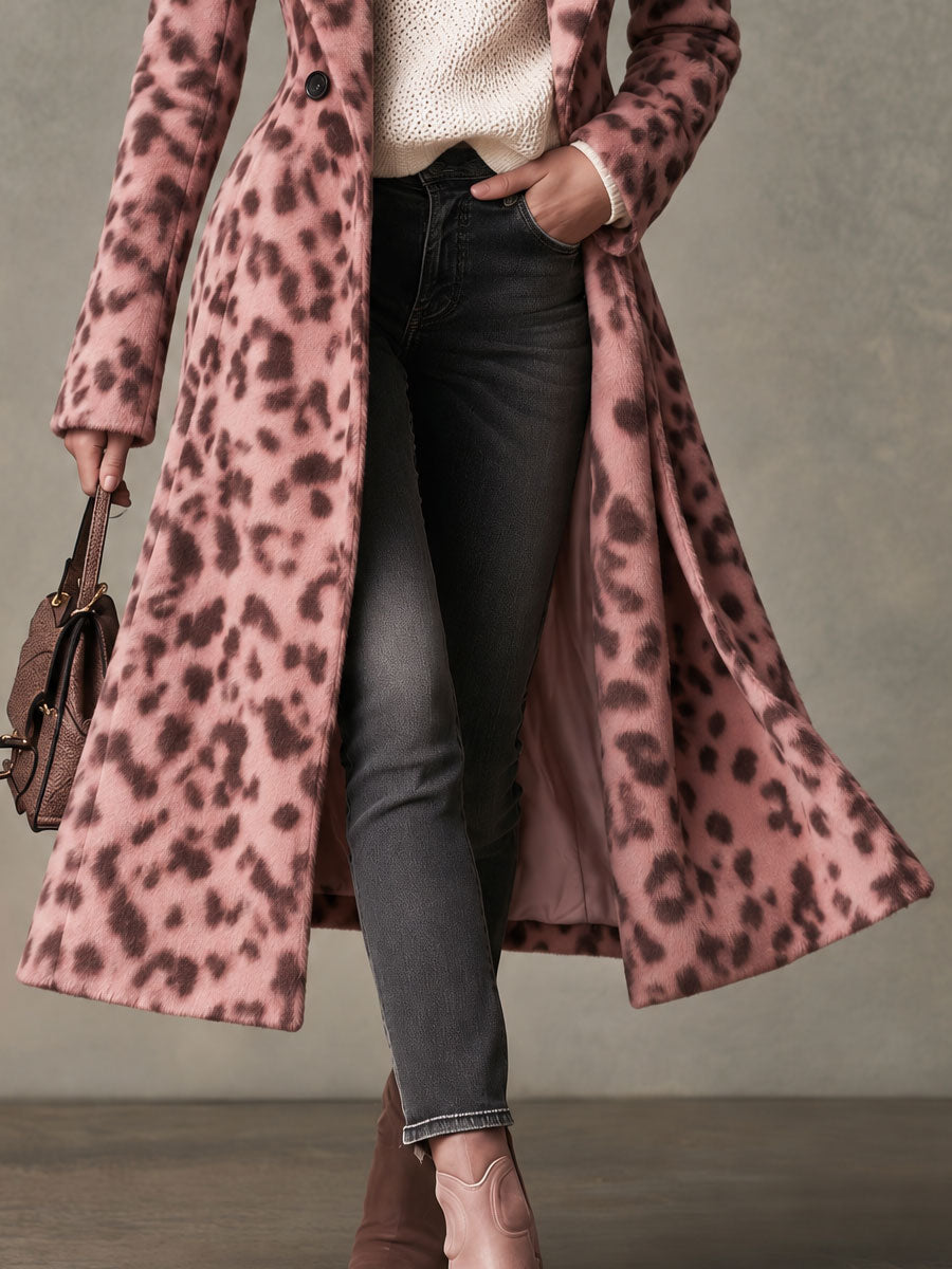 Retro-elegant Pink Leopard Print Lapel Single-button Faux Short Fleece Long Coat